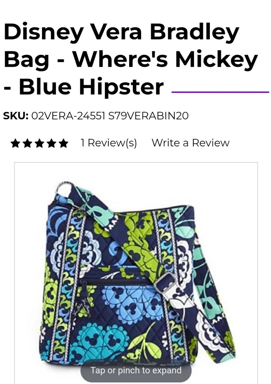 Vera Bradley Disney "Where's Mickey" Blue Hipster Crossbody Bag